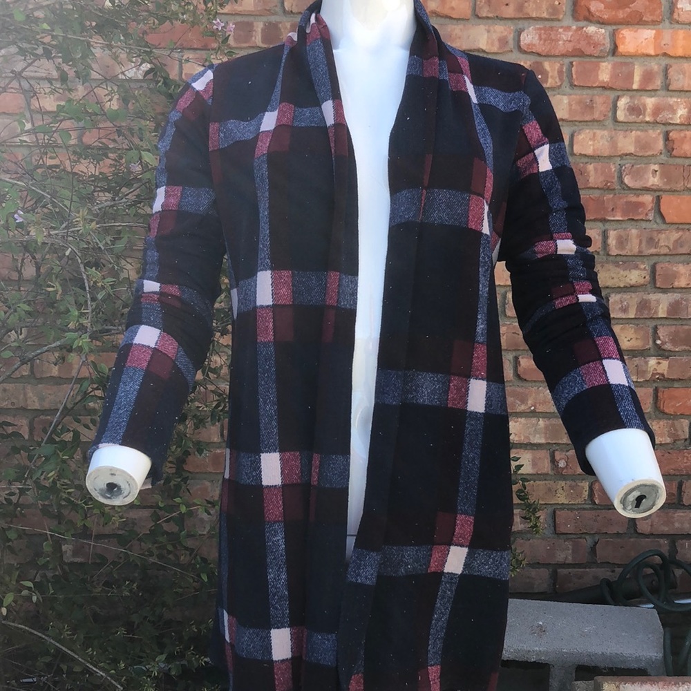 - Sun and Moon blue plaid flannel open front cardigan with elbow covers